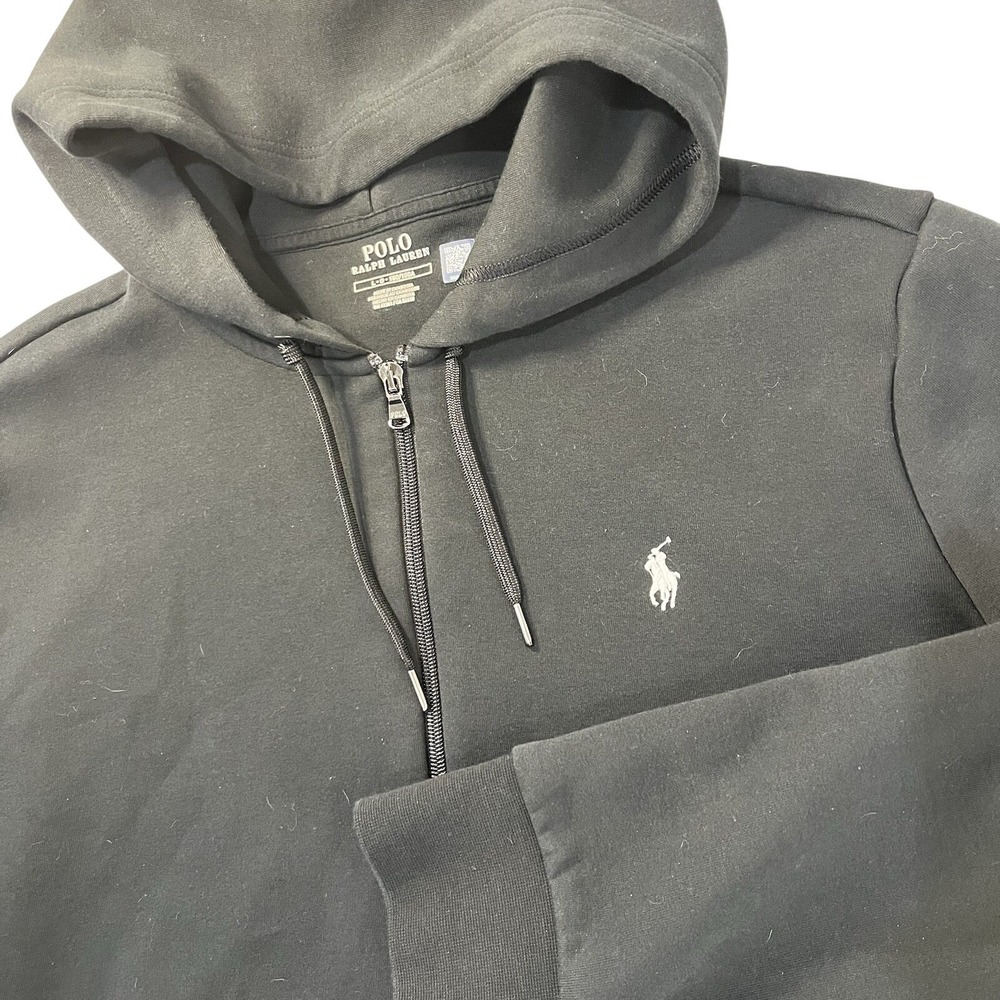 Polo Ralph Lauren Double Knit Full-Zip Hoodie Black‎ Womens L Pony Logo Preppy
